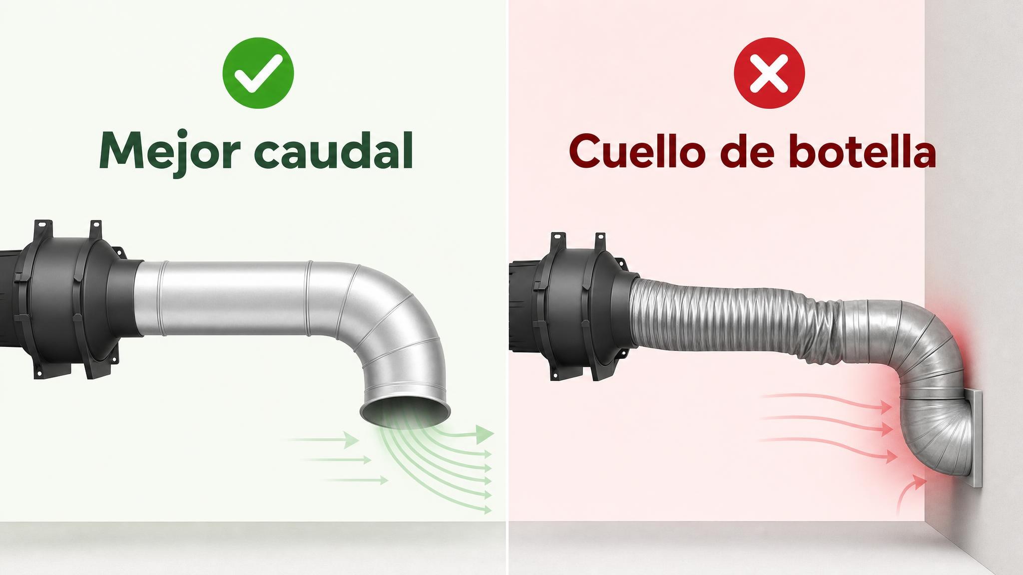 Comparación entre una instalación de ducto eficiente y otra con cuellos de botella.