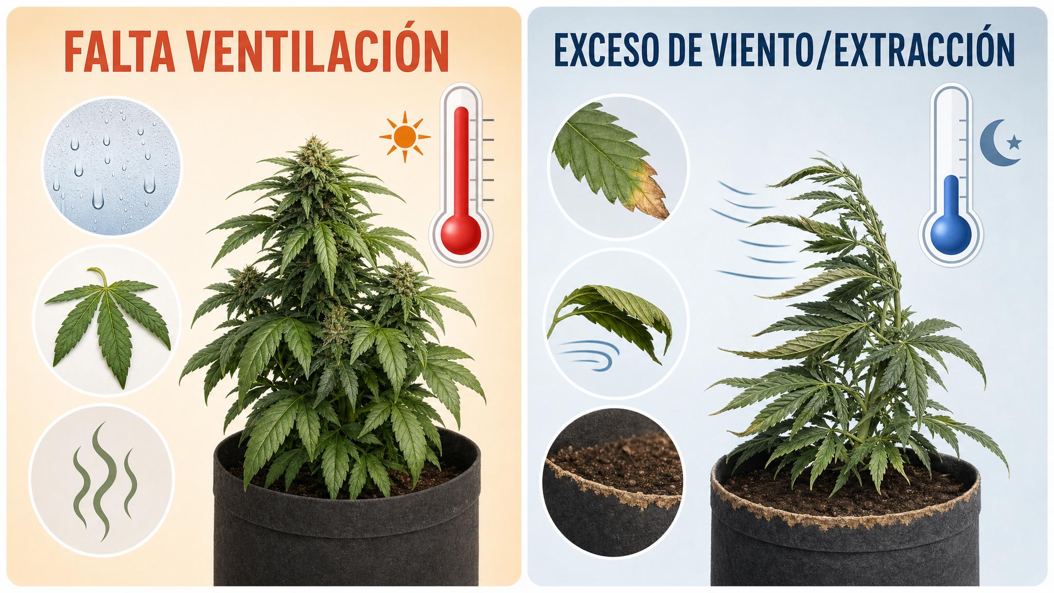 Comparación visual entre señales de falta de ventilación y señales de exceso de viento o extracción.