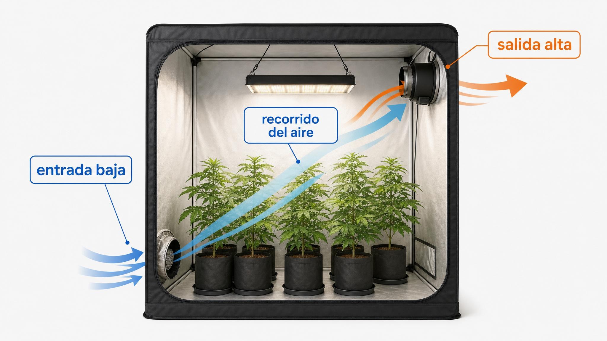 Diagrama de una carpa indoor con entrada de aire baja, salida alta y flechas que muestran el recorrido del aire.