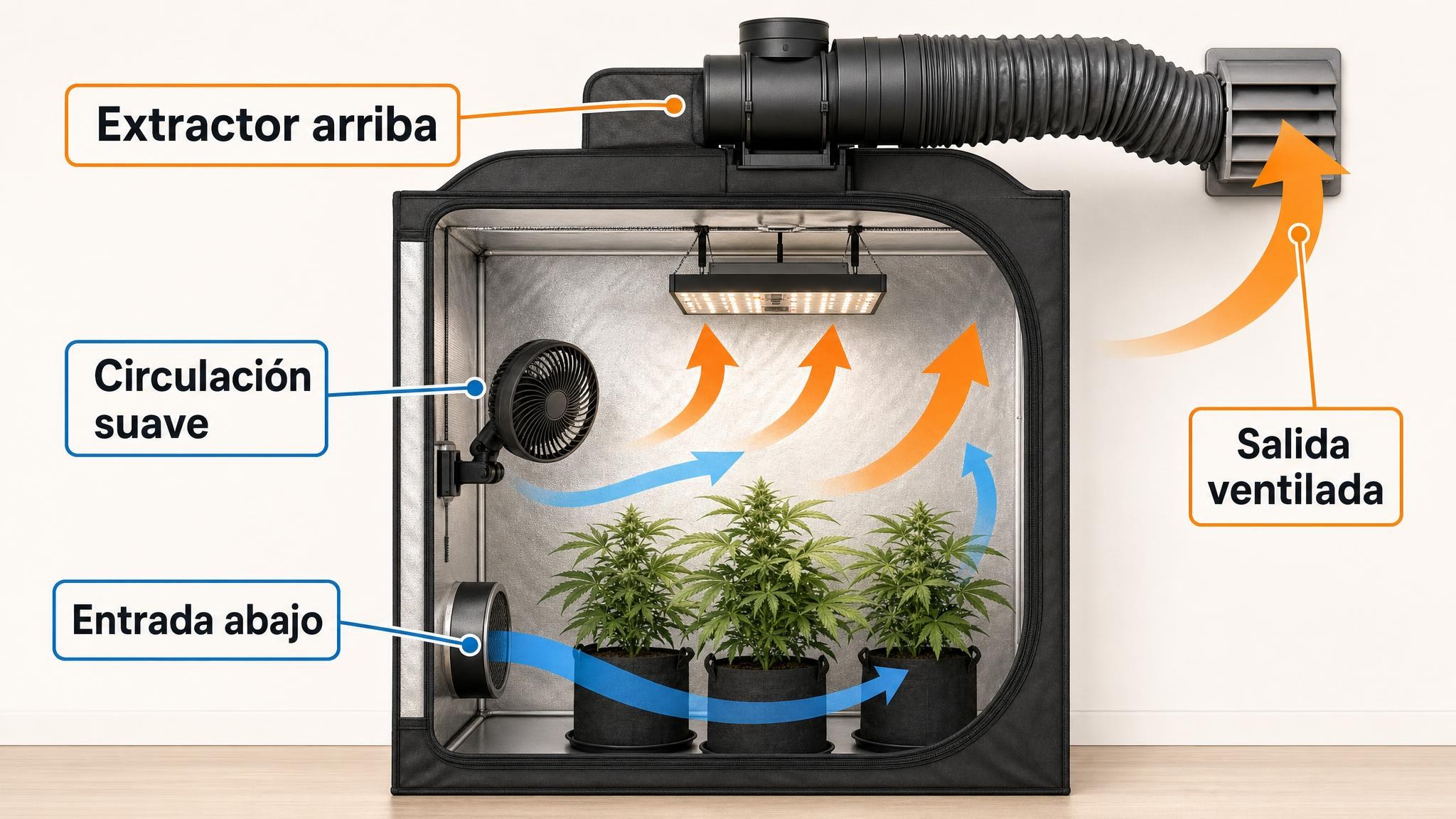 Diagrama de carpa indoor con entrada de aire abajo, extractor arriba y circulación interna suave.