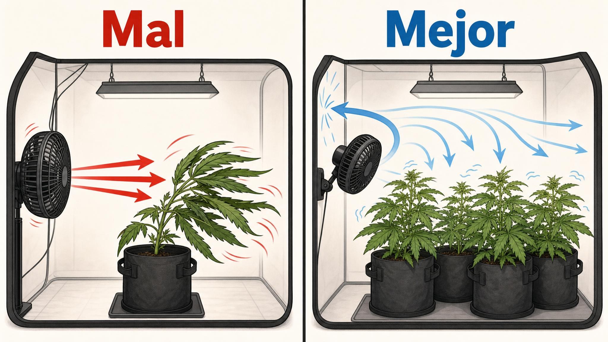 Comparación entre ventilador directo que estresa plantas y ventilación indirecta con aire suave.
