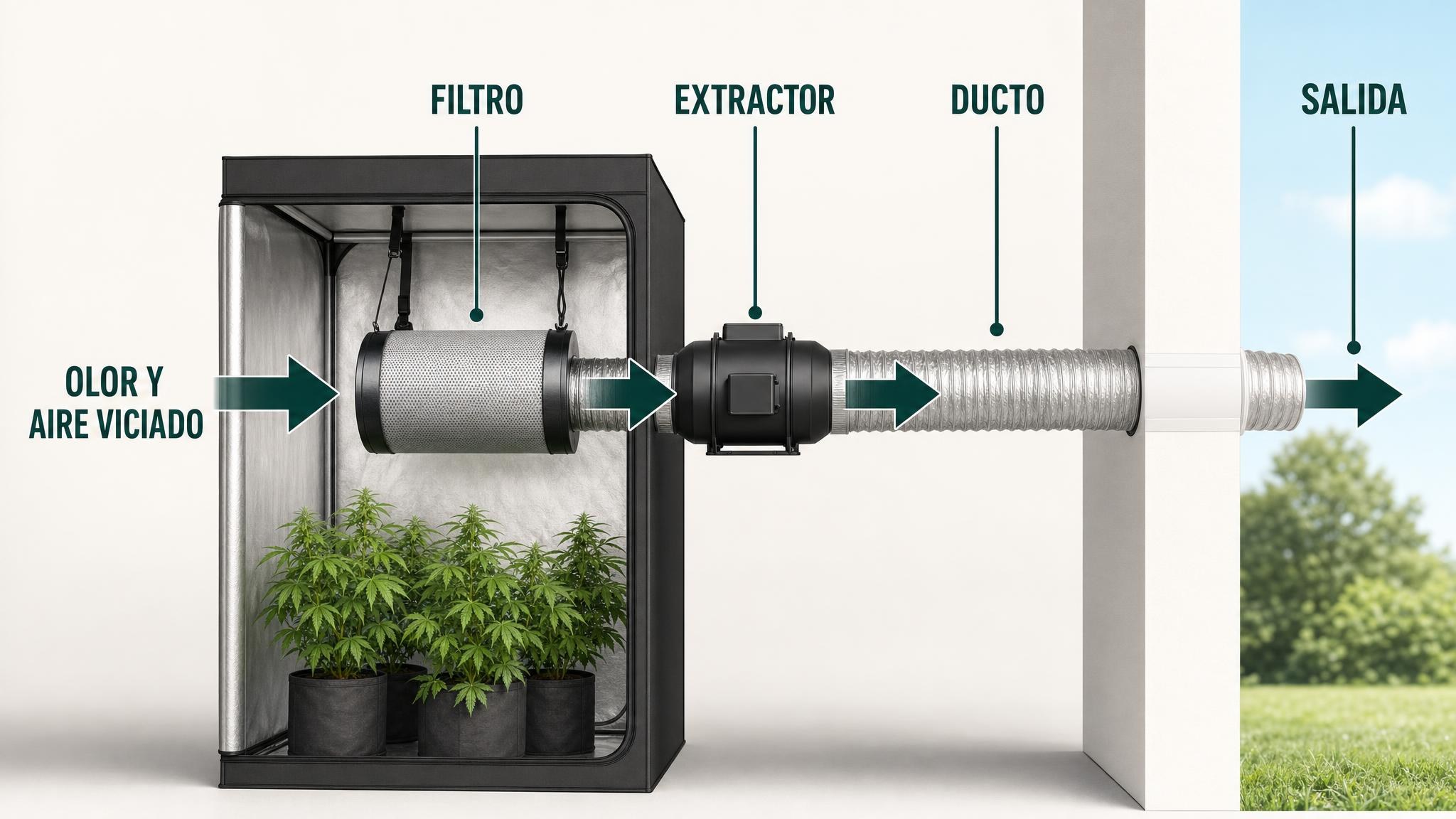 Diagrama de filtro de carbón conectado al extractor y ducto de salida en un sistema indoor.