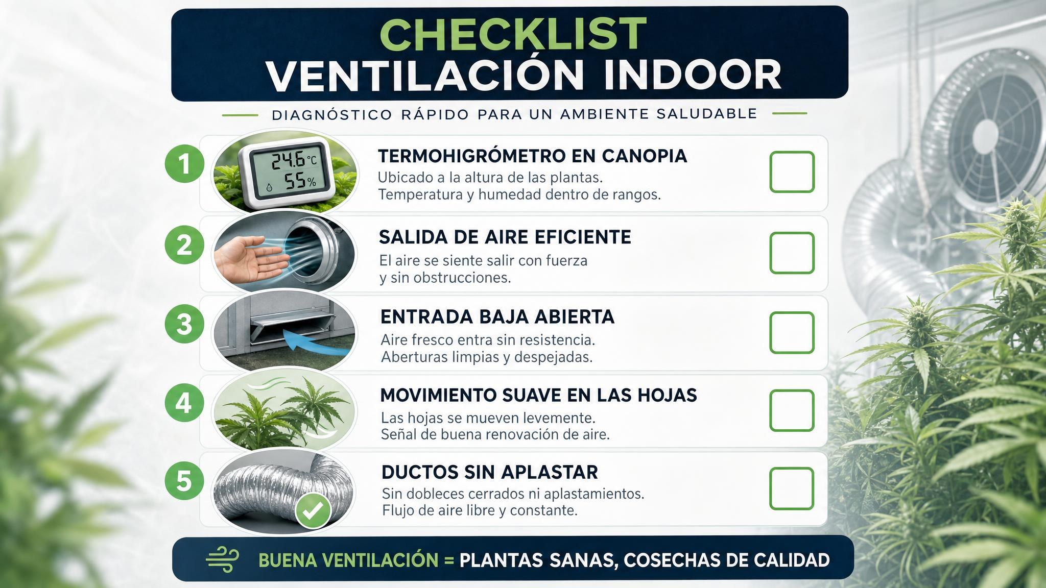 Checklist visual para revisar temperatura, humedad, entrada, salida, hojas y ductos en un indoor.
