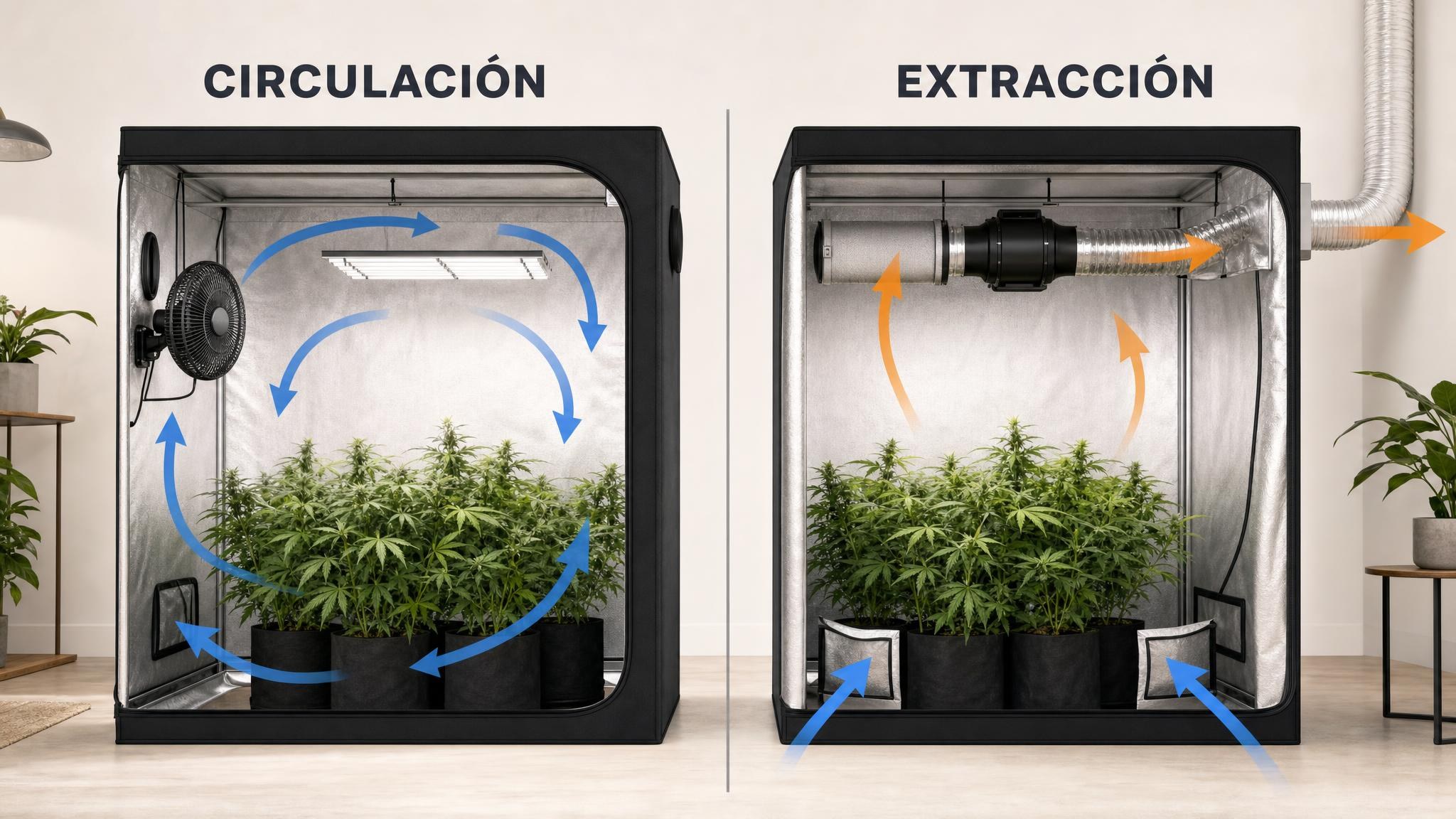 Comparación entre circulación interna y extracción de aire en un indoor.