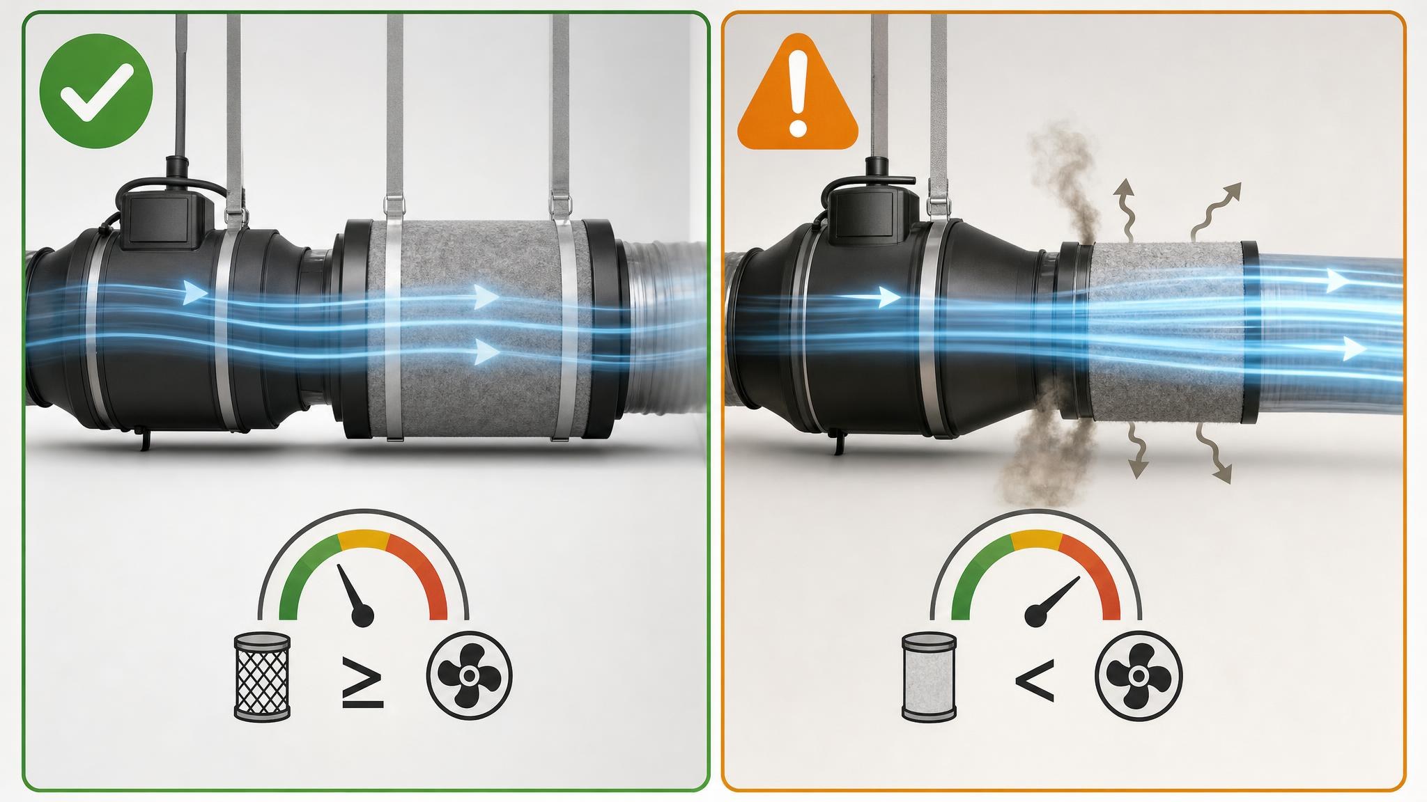 Comparación entre un sistema con caudal de filtro adecuado y otro con extractor que supera al filtro de carbono.