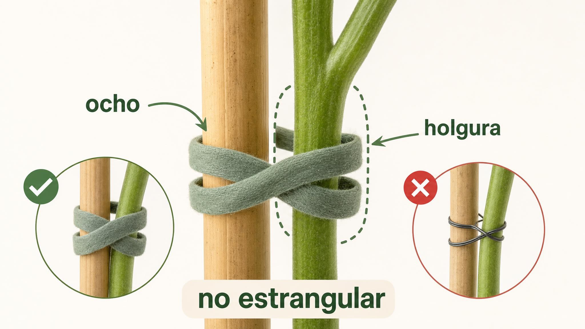 Atadura en forma de ocho entre tutor y tallo, con holgura para no estrangular la planta.