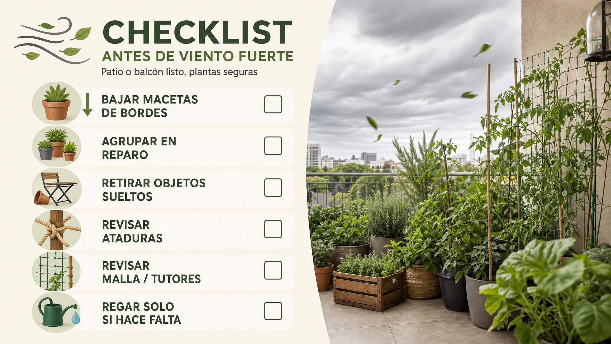 Checklist visual de acciones para preparar macetas 24 horas antes de rachas fuertes.