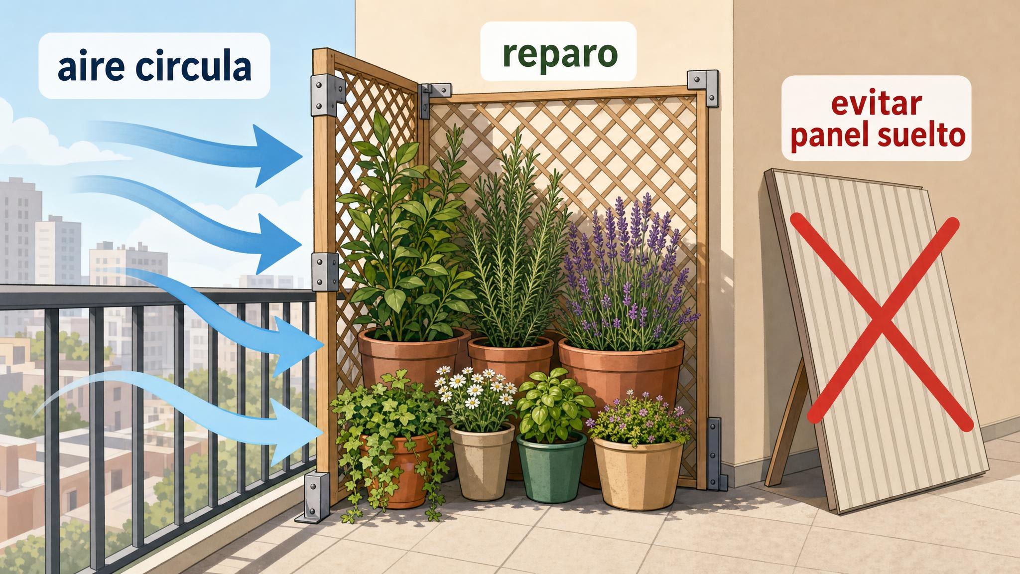 Diagrama de balcón con macetas agrupadas en zona reparada, barrera parcial y flechas de viento.