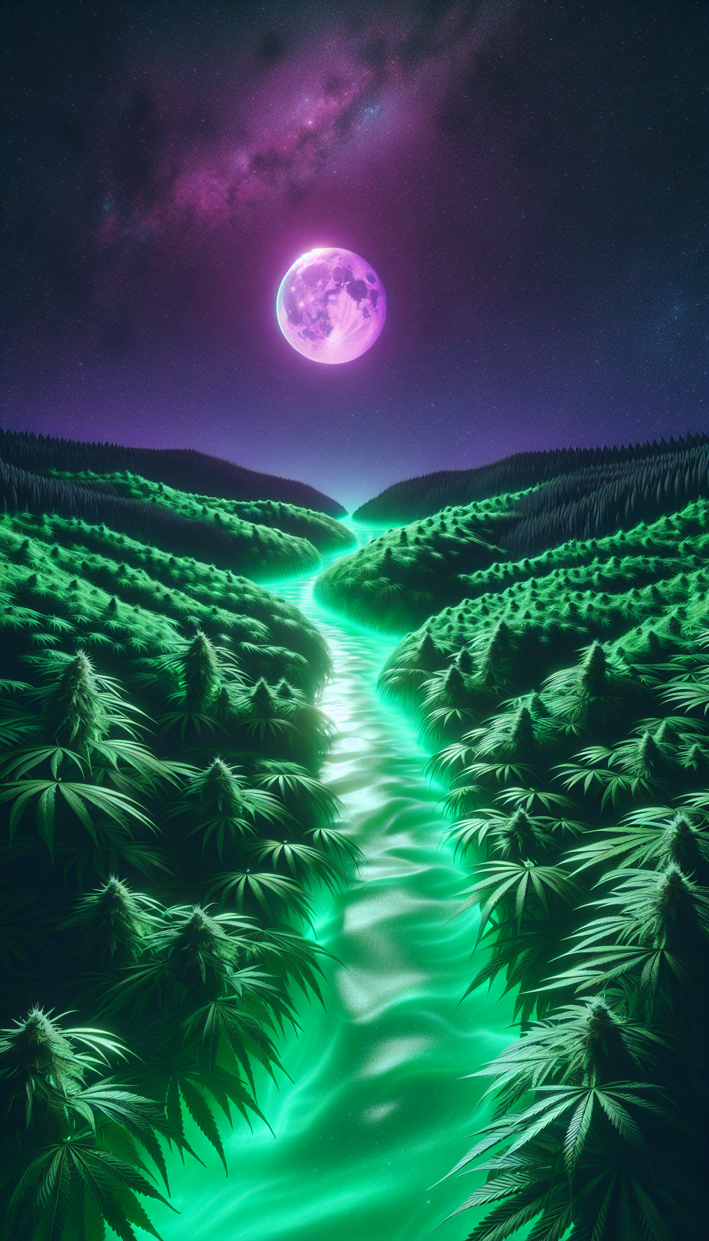 foto "Río de Luz Esmeralda Bajo la Luna Púrpura"